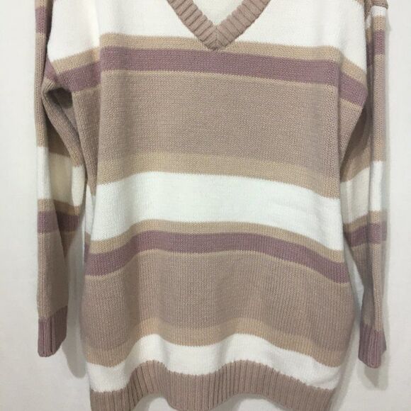 Tobi Beige/Tan Striped Knit V-Neck Sweater Dress With Pockets Sz S - Picture 9 of 16